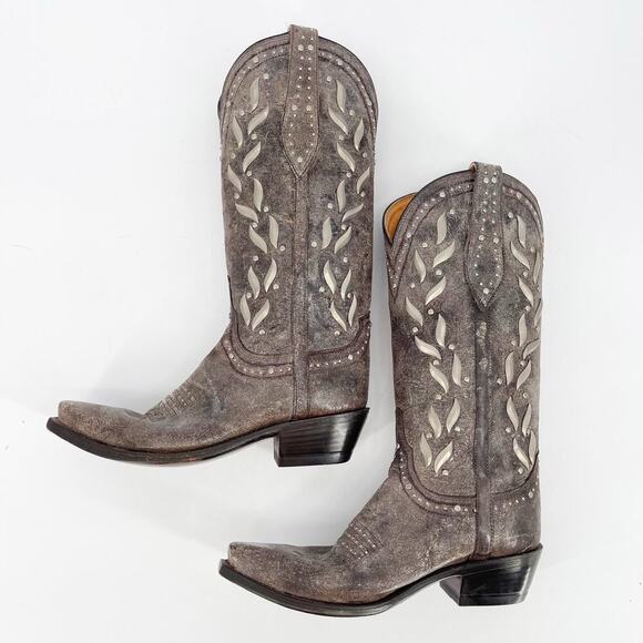 NWOB Lucchese Gray Brown Ornate Studded Snip Toe Western Cowgirl Boot size 6.5 - Picture 4 of 12